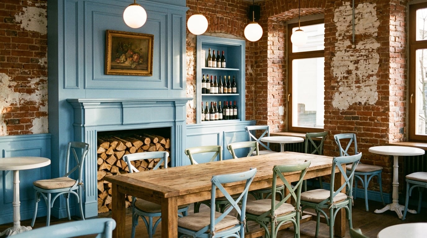 Wide view of the nuka dining room: blue panelling, brick, and a stacked fireplace.
